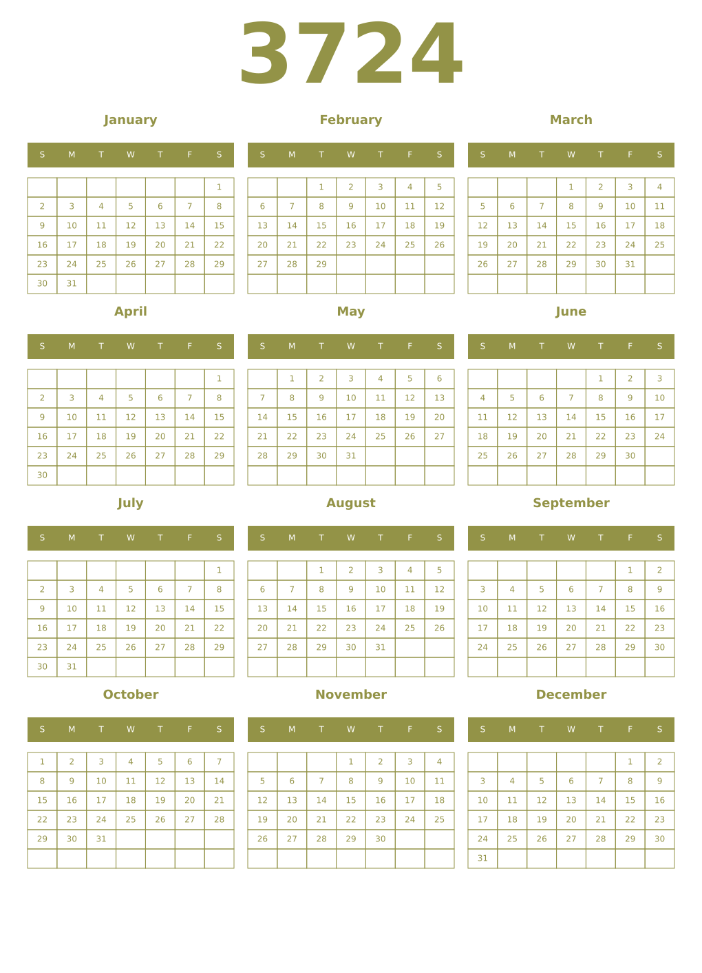 Printable 3724 Year Calendars eburnean