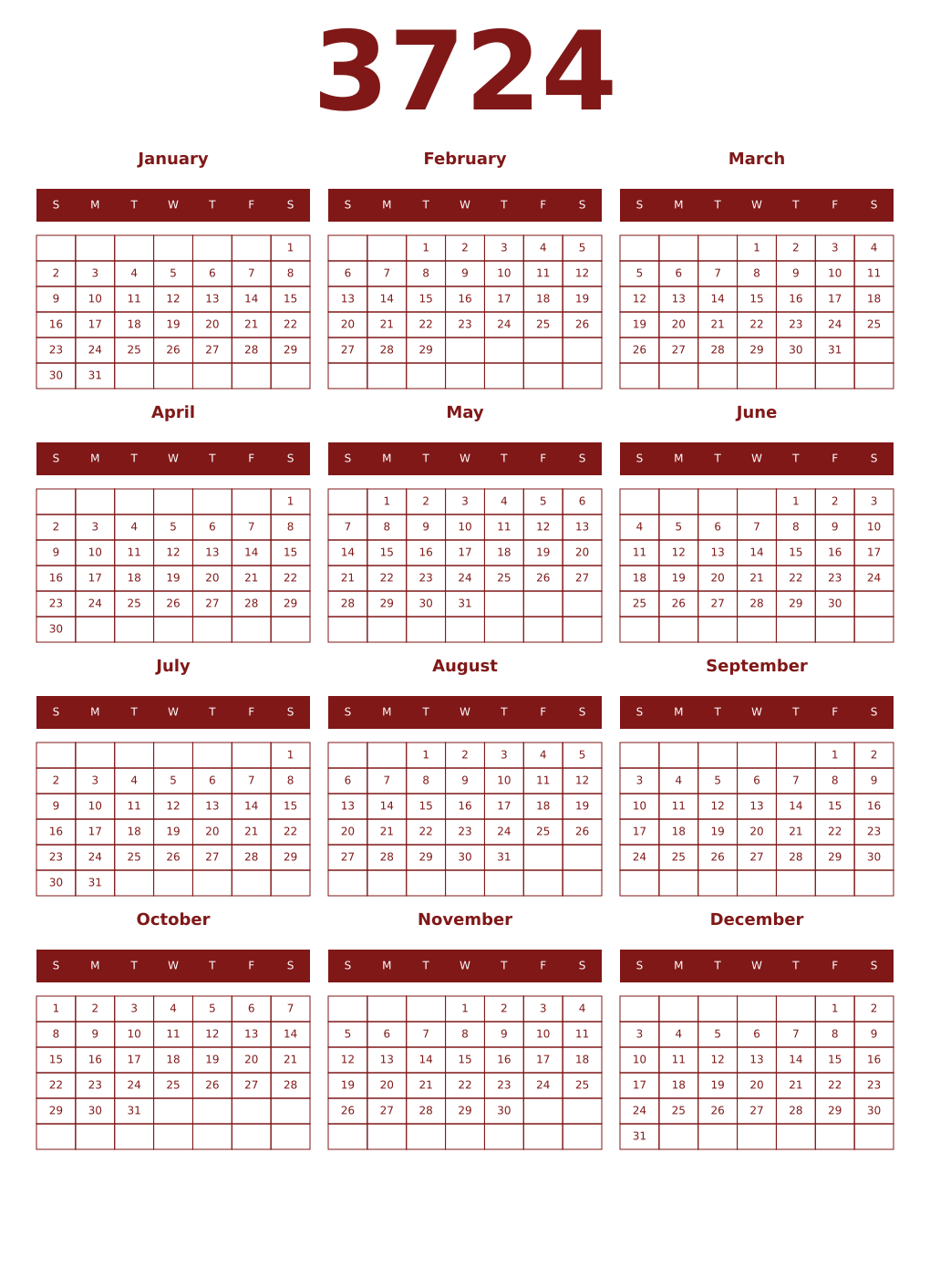 Printable 3724 Year Calendars falu