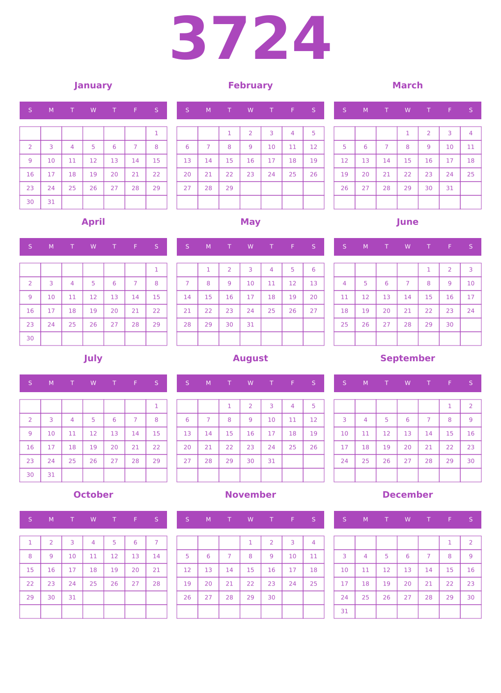Printable 3724 Year Calendars purple