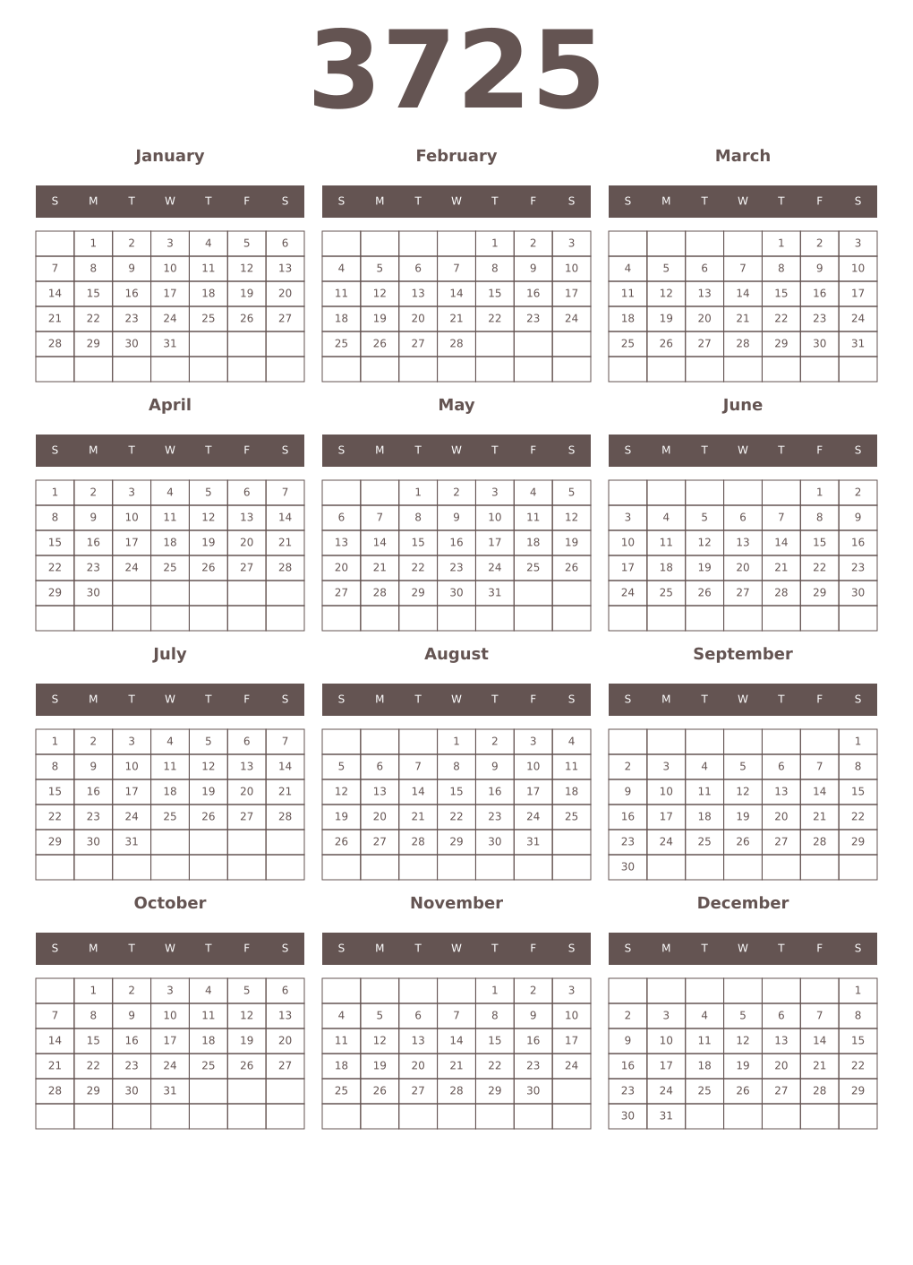 Printable 3725 Year Calendars wenge