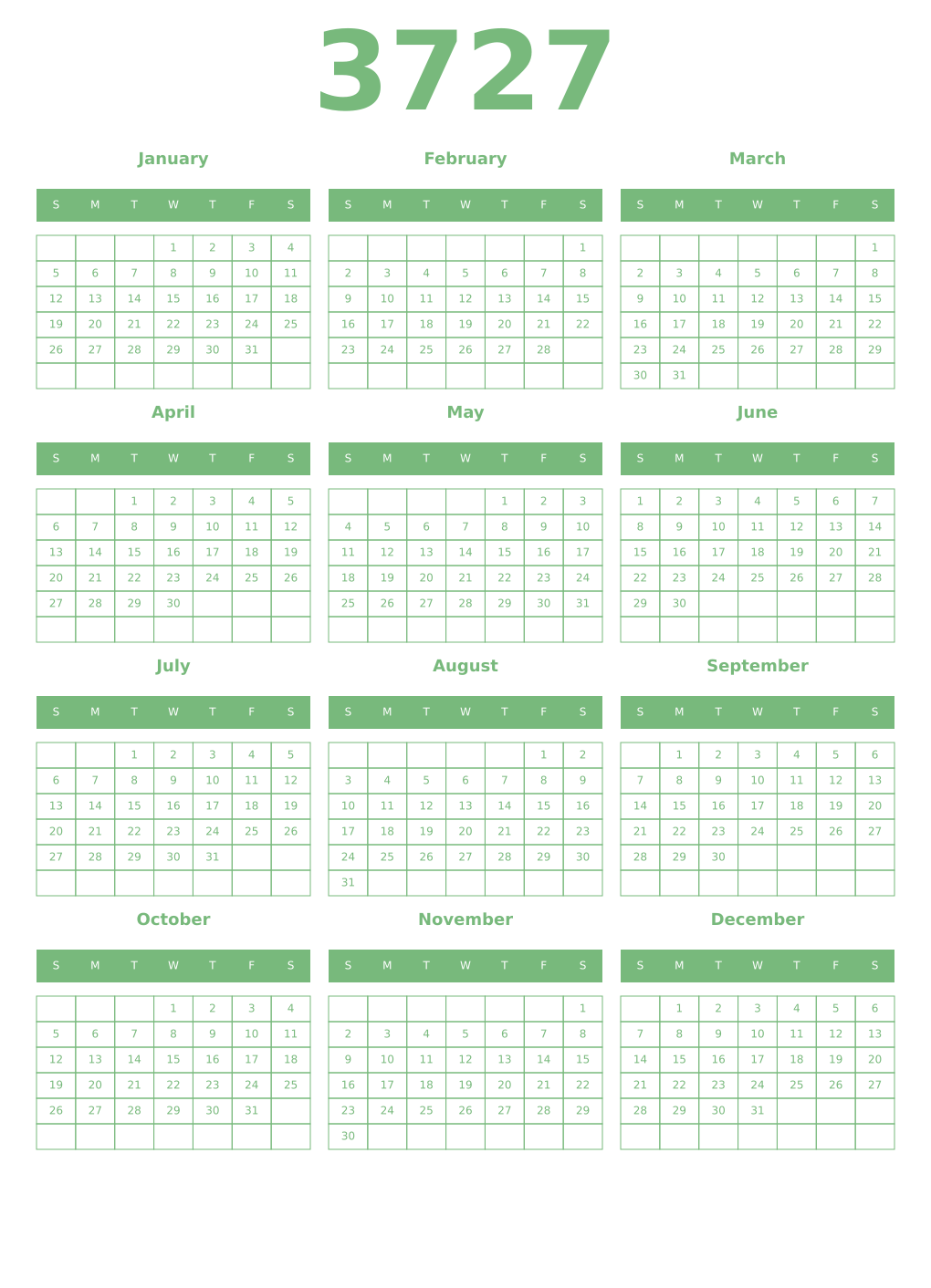 Printable 3727 Year Calendars celadon