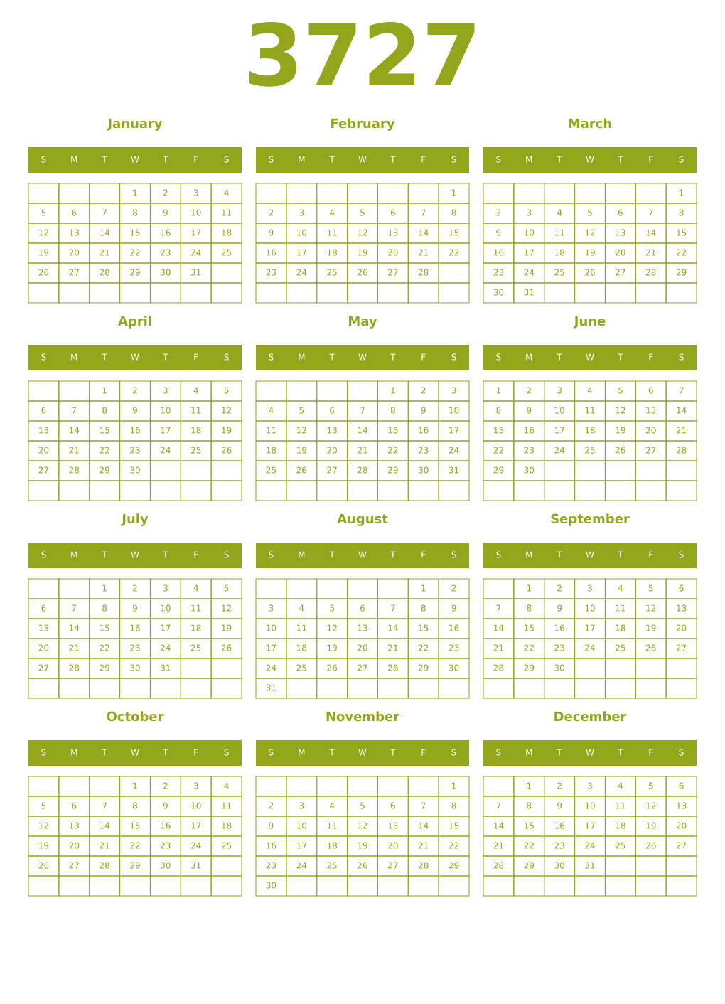 Printable 3727 Year Calendars chartreuse