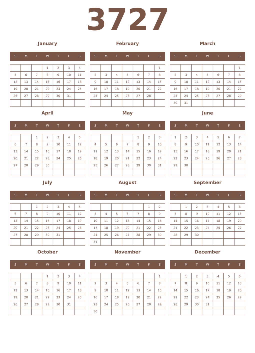 Printable 3727 Year Calendars coffe