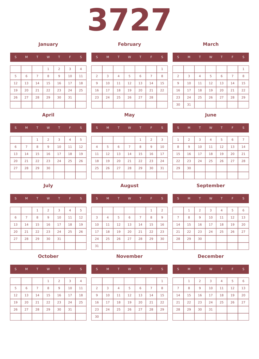 Printable 3727 Year Calendars cordovan
