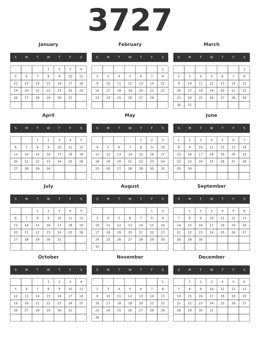 Printable 3727 Year Calendars dark