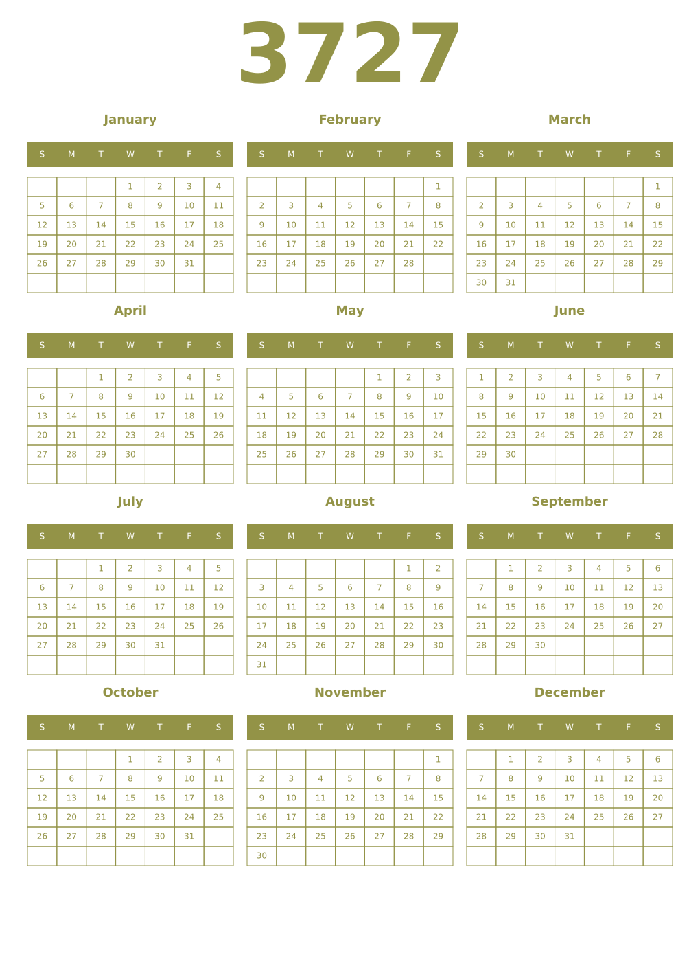 Printable 3727 Year Calendars eburnean