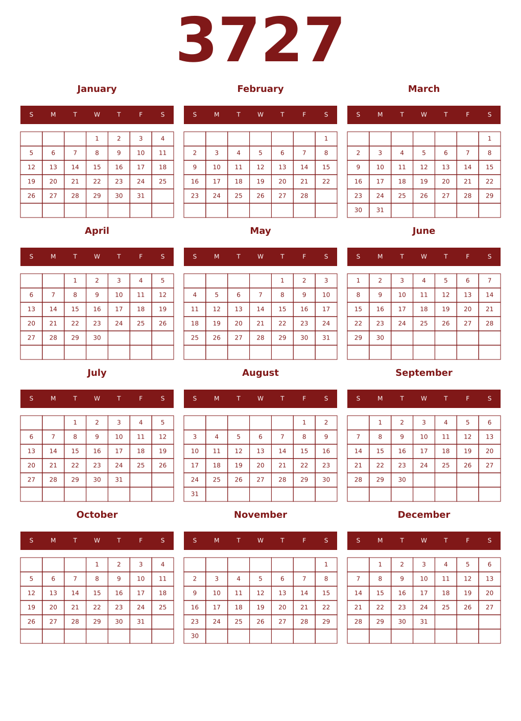 Printable 3727 Year Calendars falu