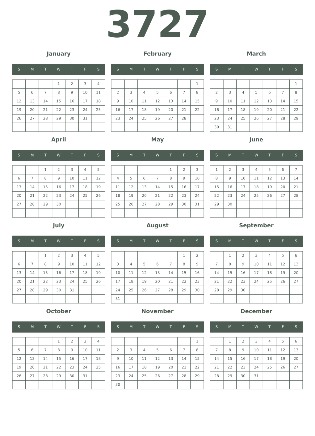 Printable 3727 Year Calendars feldgrau