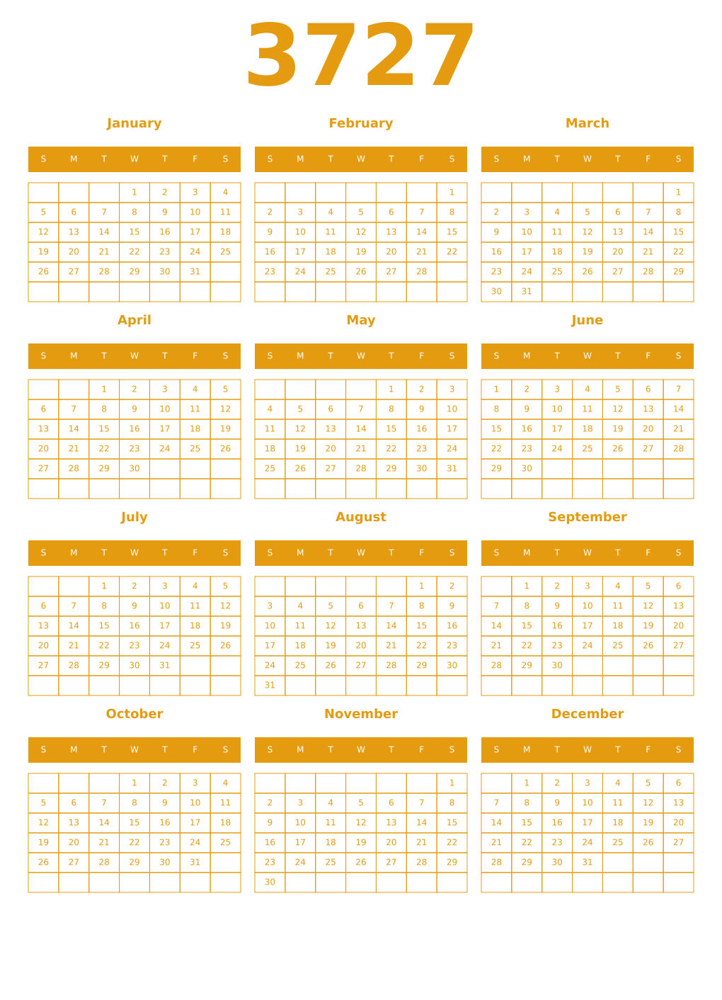Printable 3727 Year Calendars gamboge