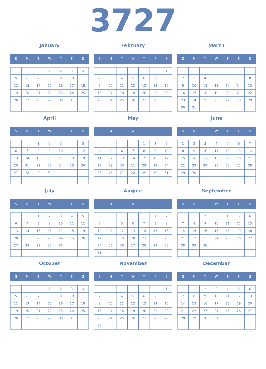 Printable 3727 Year Calendars glaucous