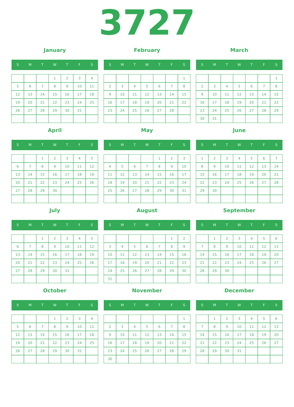 Printable 3727 Year Calendars green