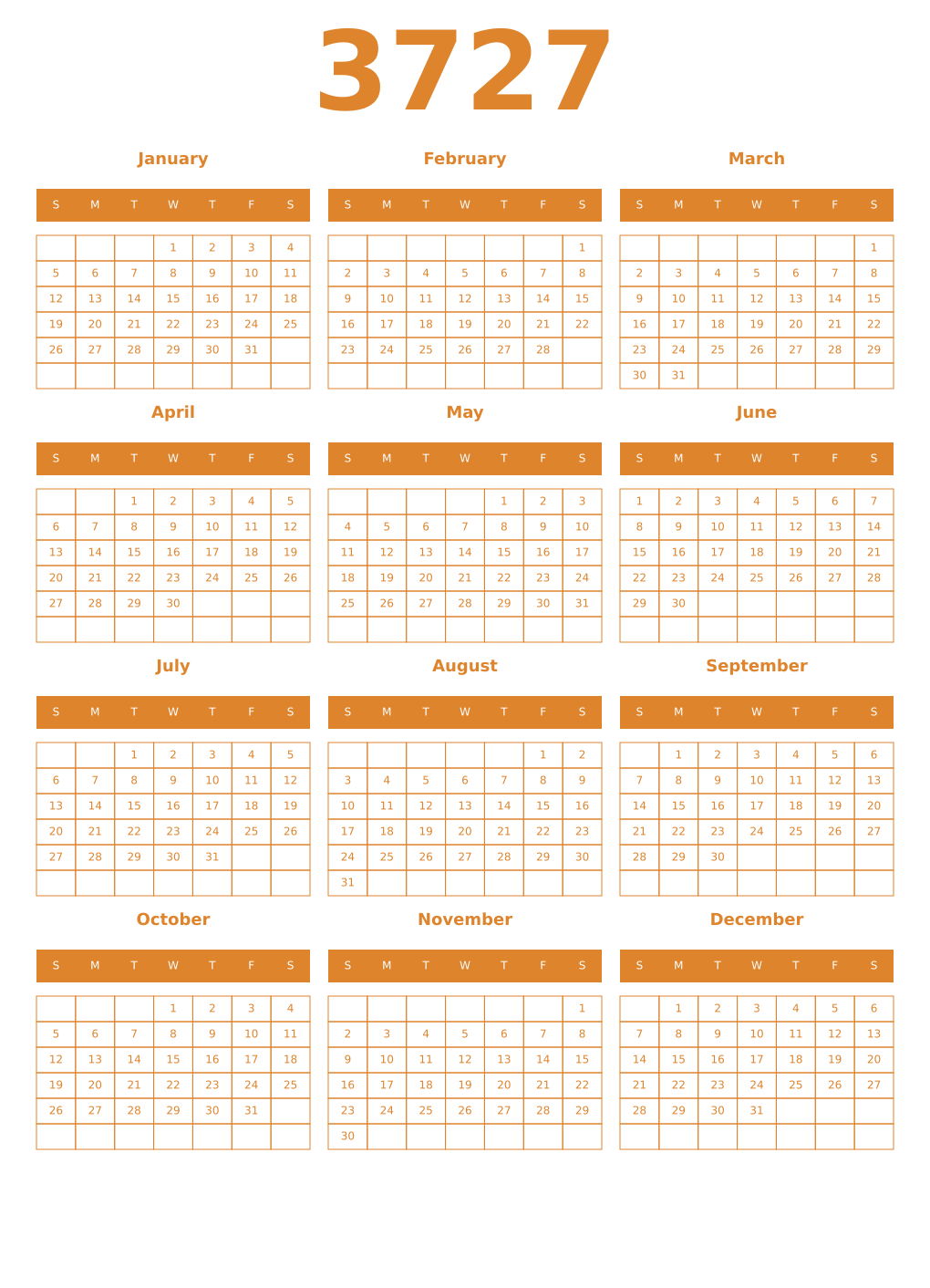 Printable 3727 Year Calendars orange