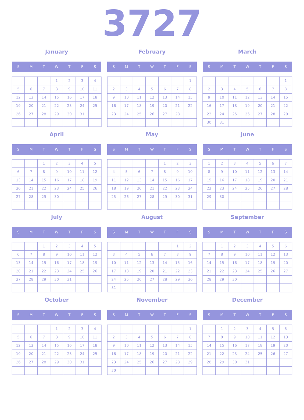Printable 3727 Year Calendars periwinkle