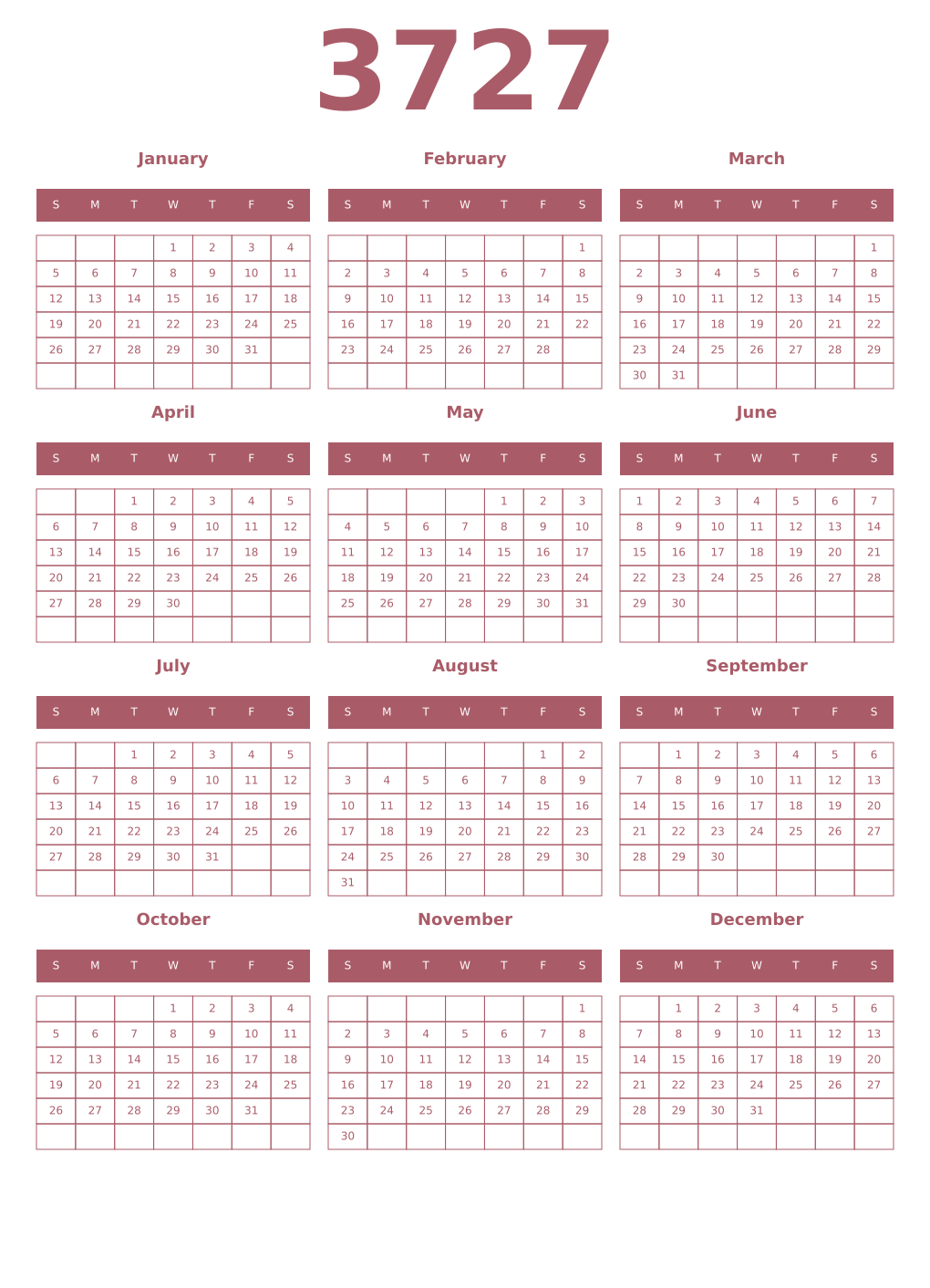 Printable 3727 Year Calendars puce