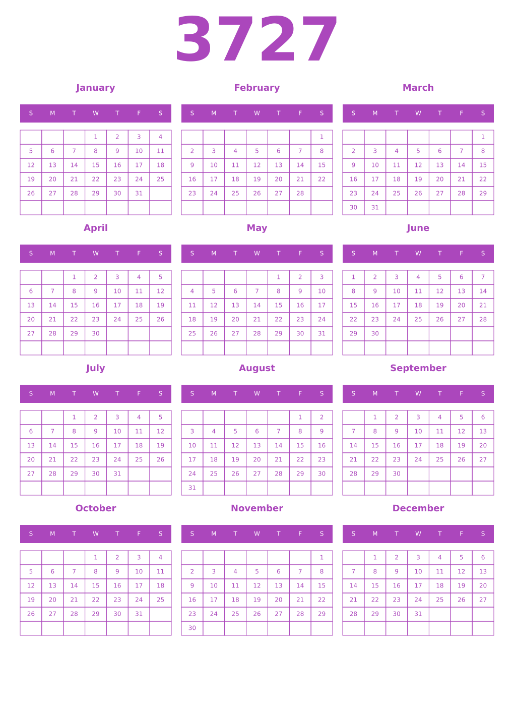 Printable 3727 Year Calendars purple