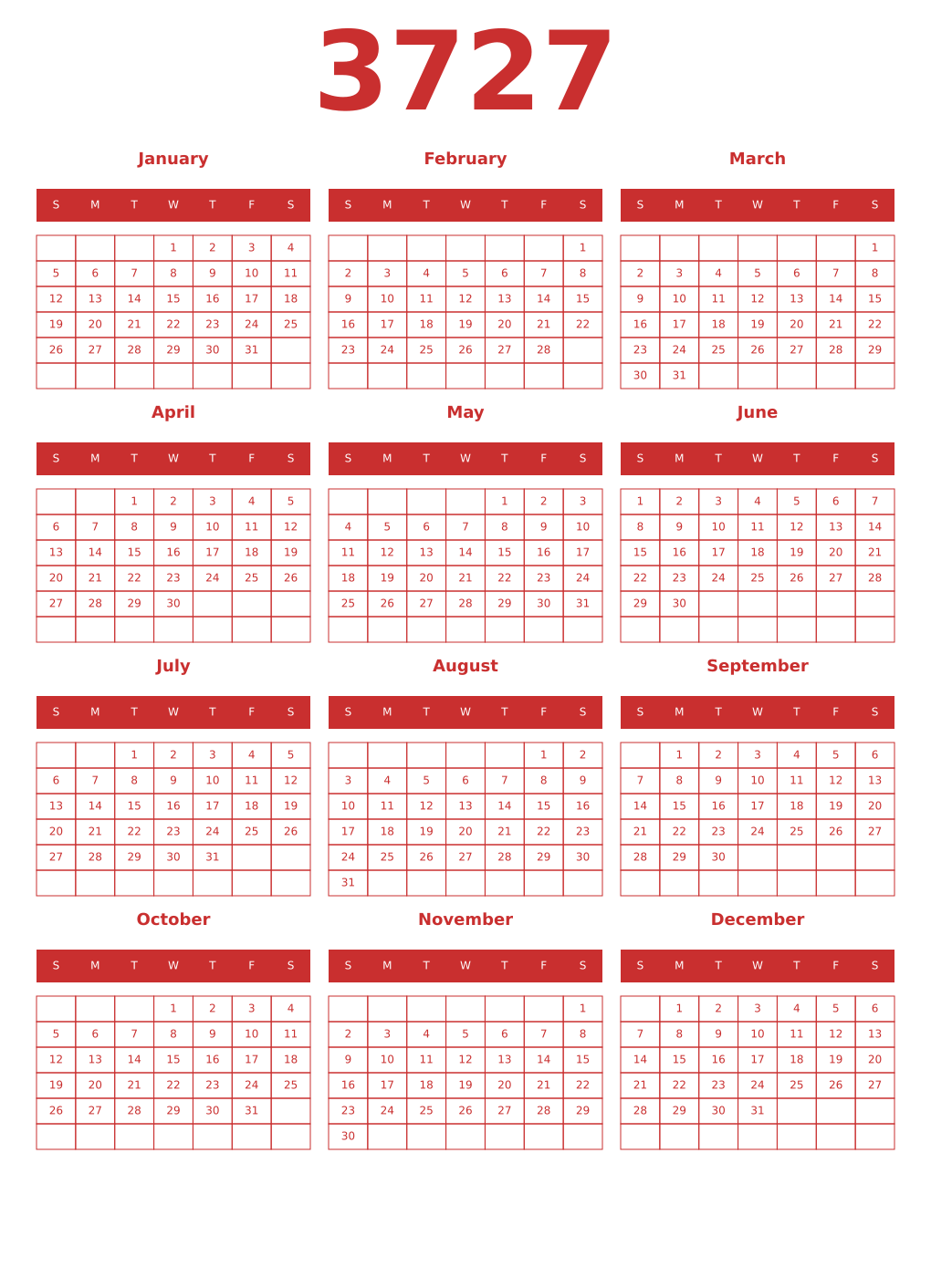 Printable 3727 Year Calendars red