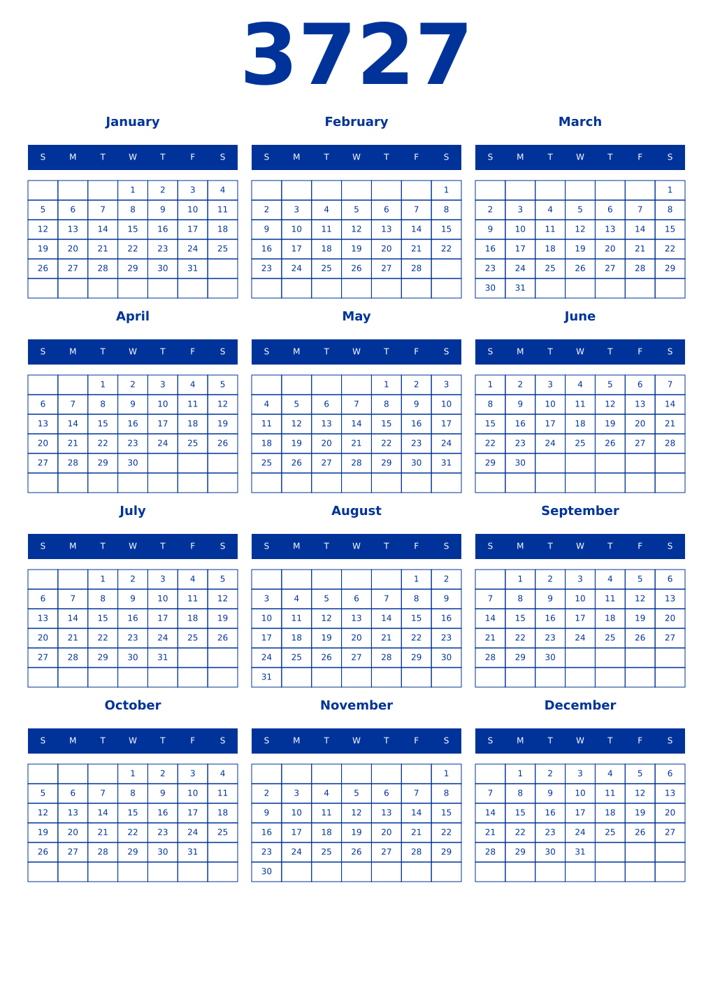 Printable 3727 Year Calendars smalt