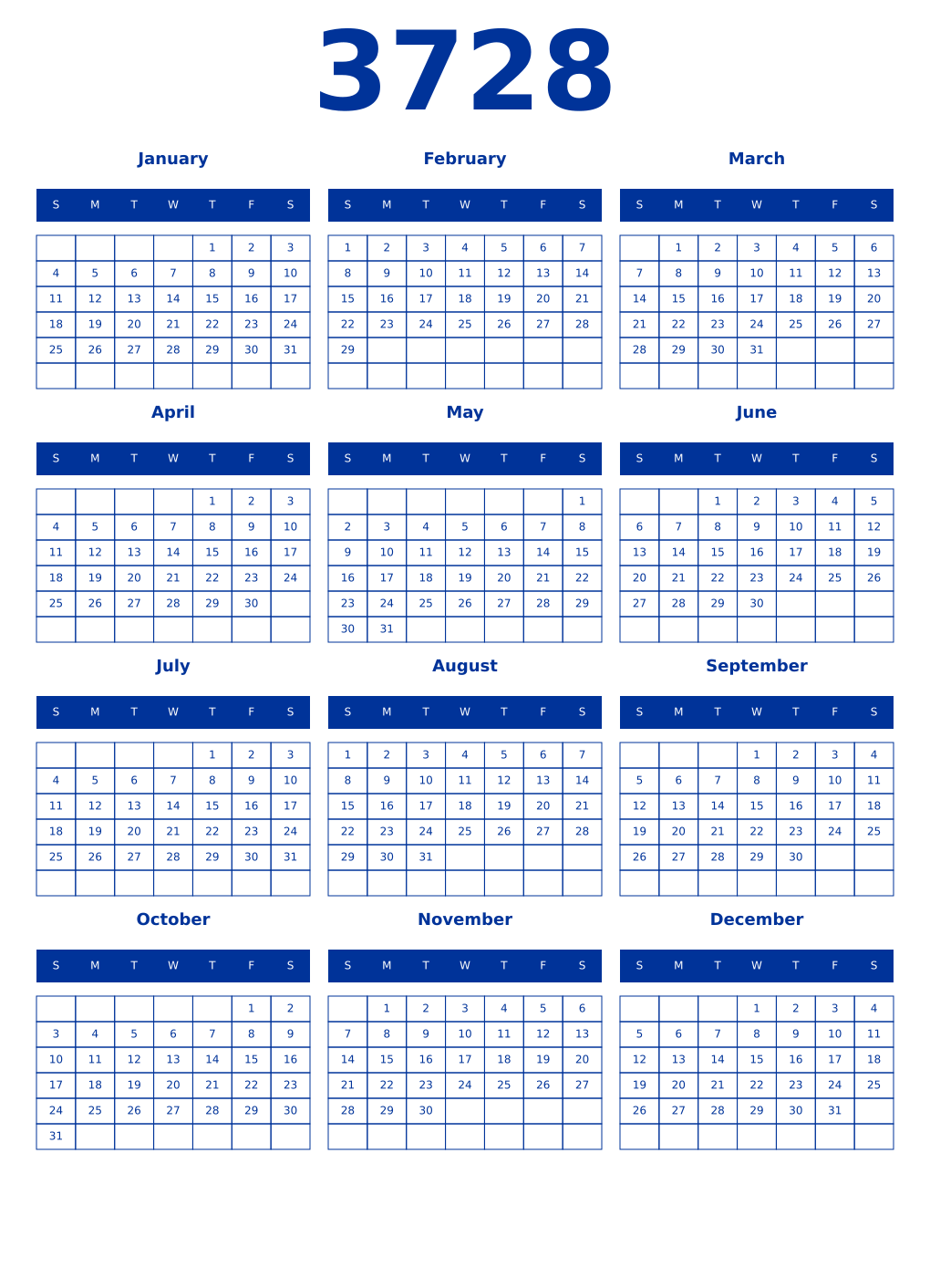 Printable 3728 Year Calendars smalt