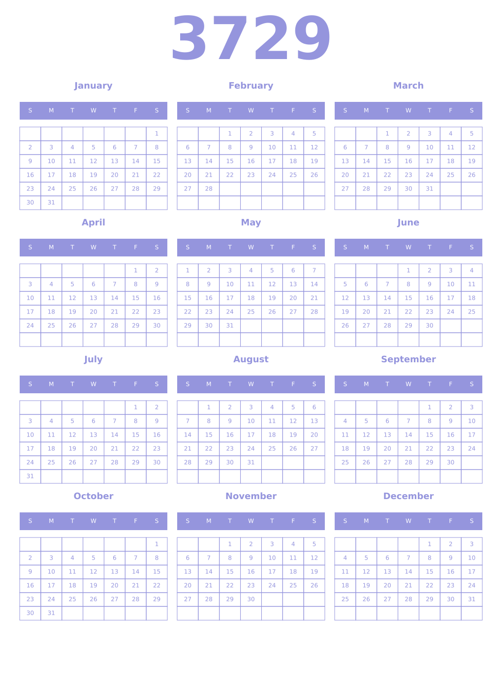Printable 3729 Year Calendars periwinkle