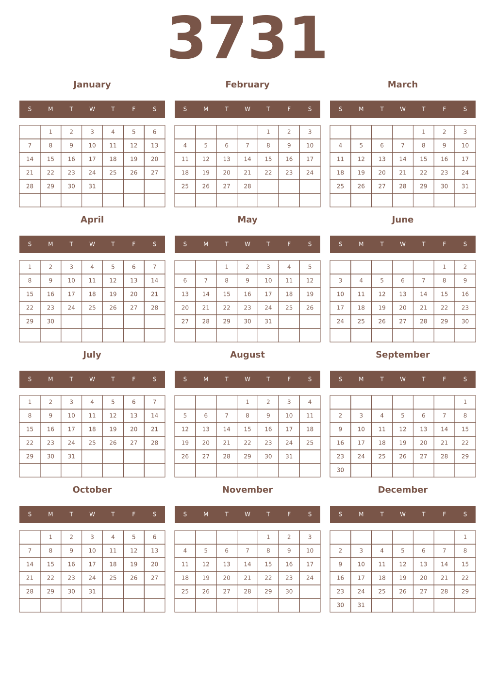Printable 3731 Year Calendars coffe