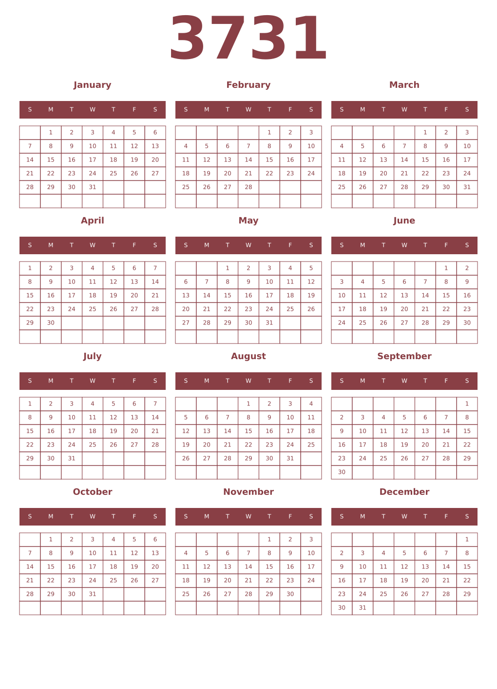 Printable 3731 Year Calendars cordovan
