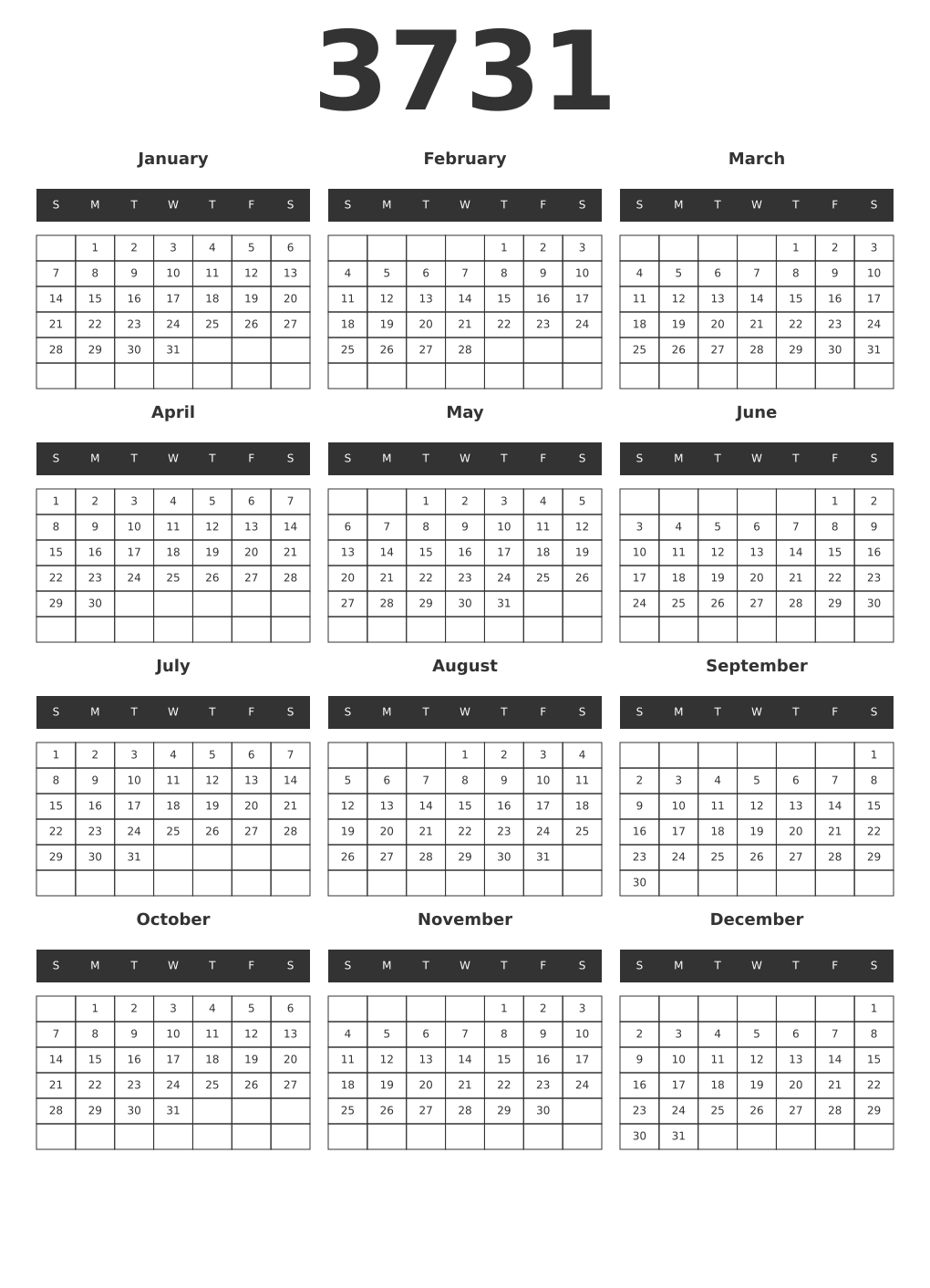 Printable 3731 Year Calendars dark