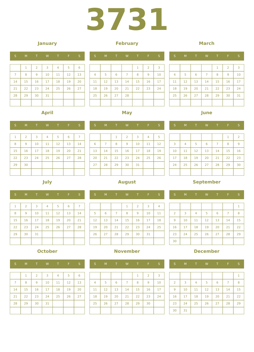 Printable 3731 Year Calendars eburnean
