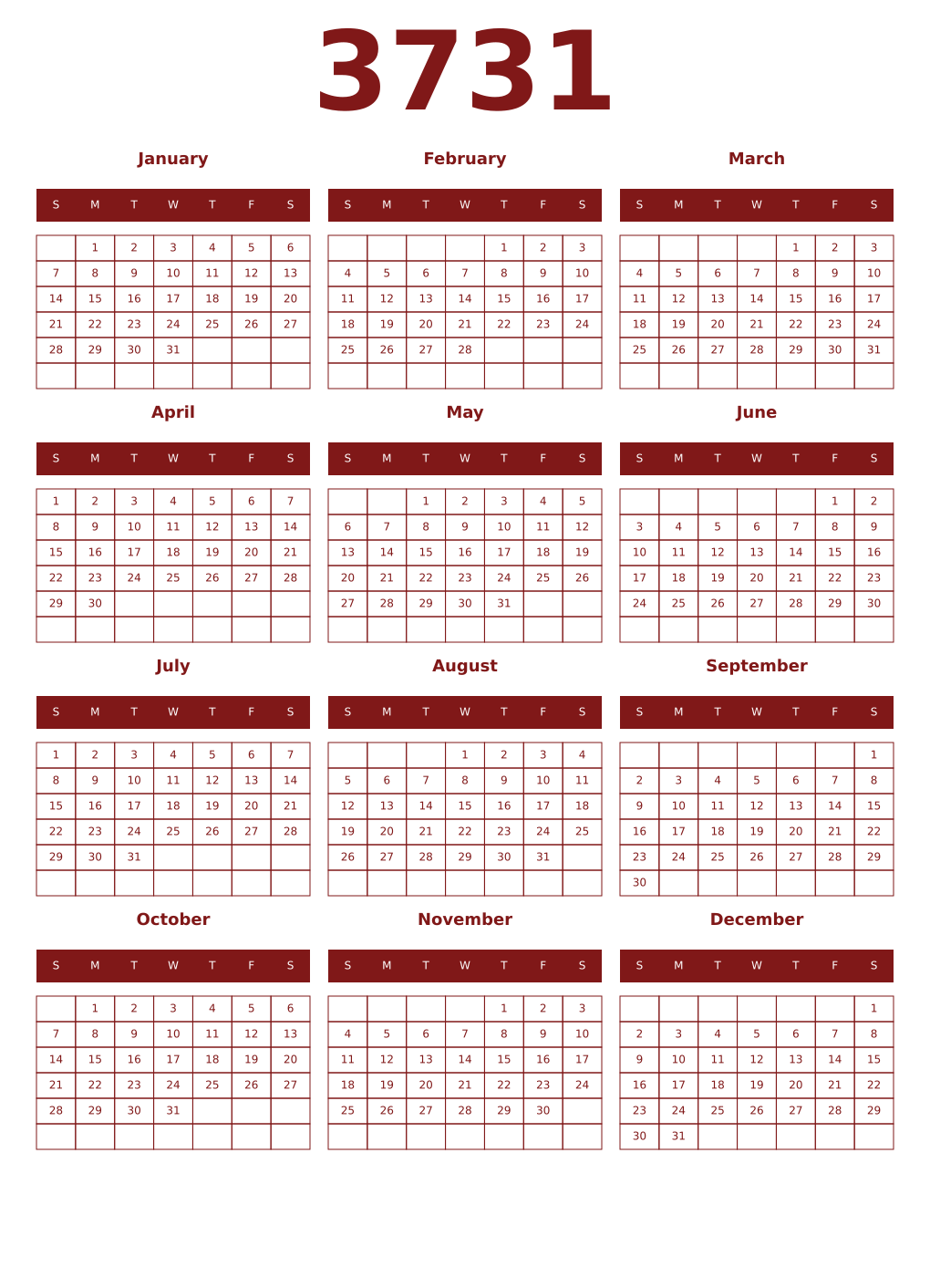 Printable 3731 Year Calendars falu