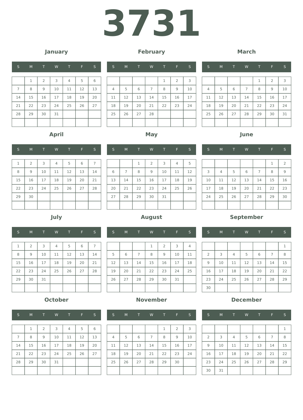 Printable 3731 Year Calendars feldgrau