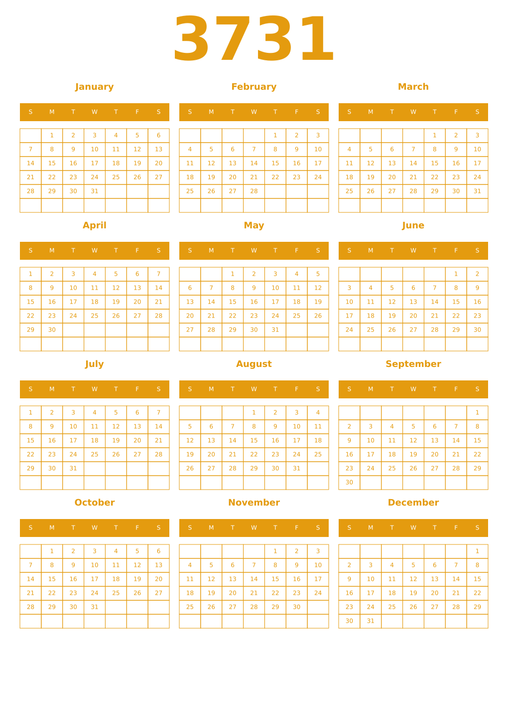 Printable 3731 Year Calendars gamboge