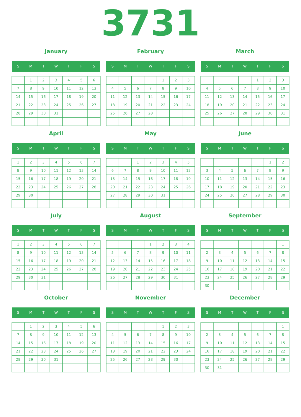 Printable 3731 Year Calendars green
