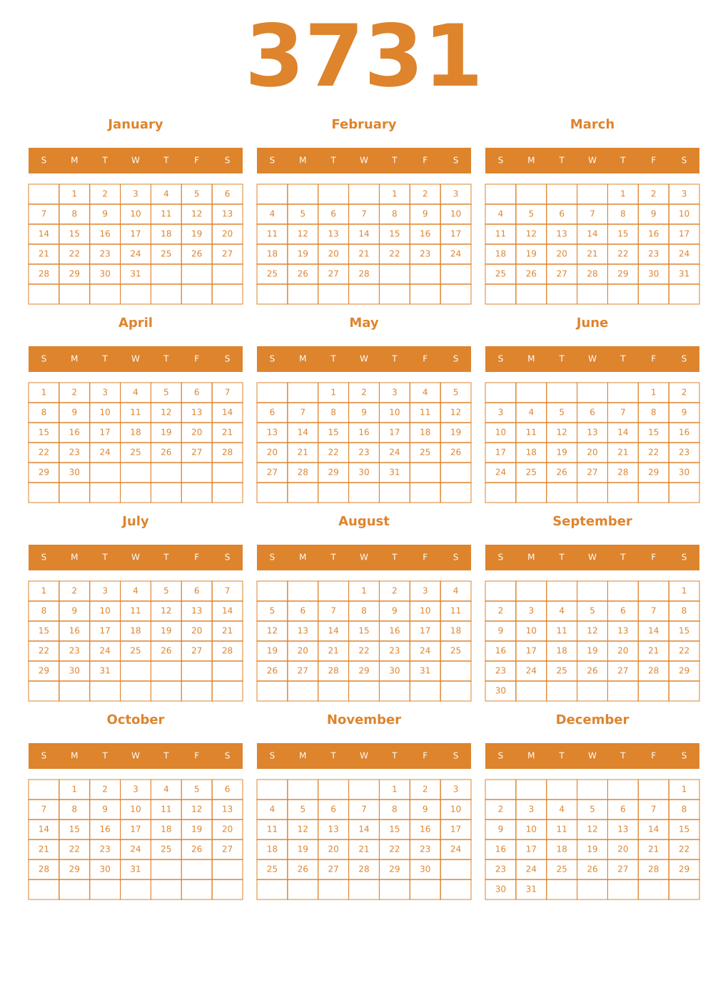 Printable 3731 Year Calendars orange