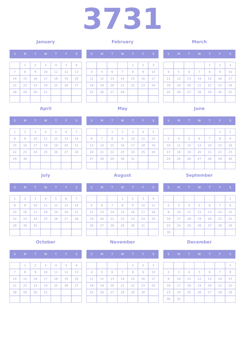 Printable 3731 Year Calendars periwinkle