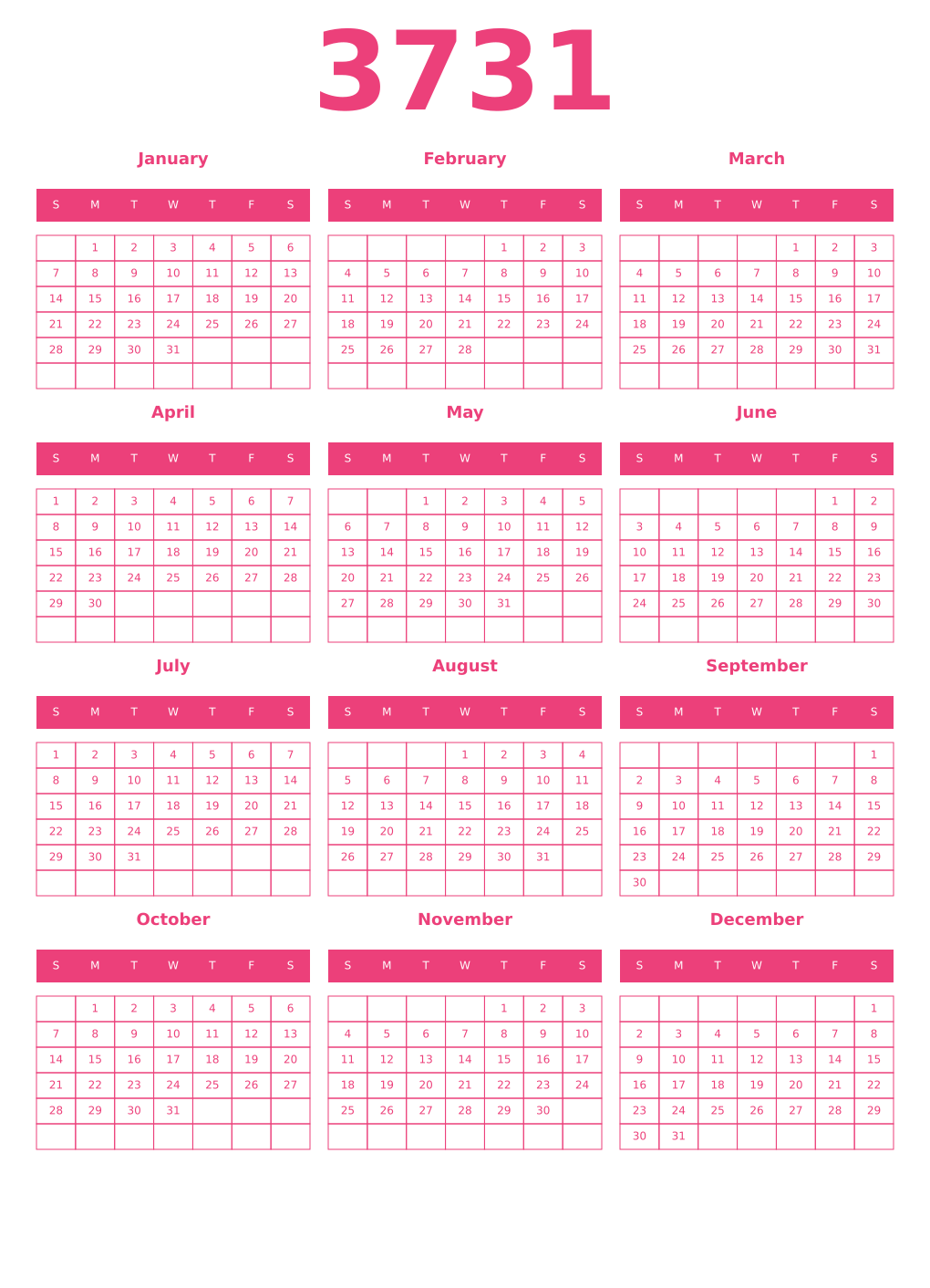 Printable 3731 Year Calendars pink