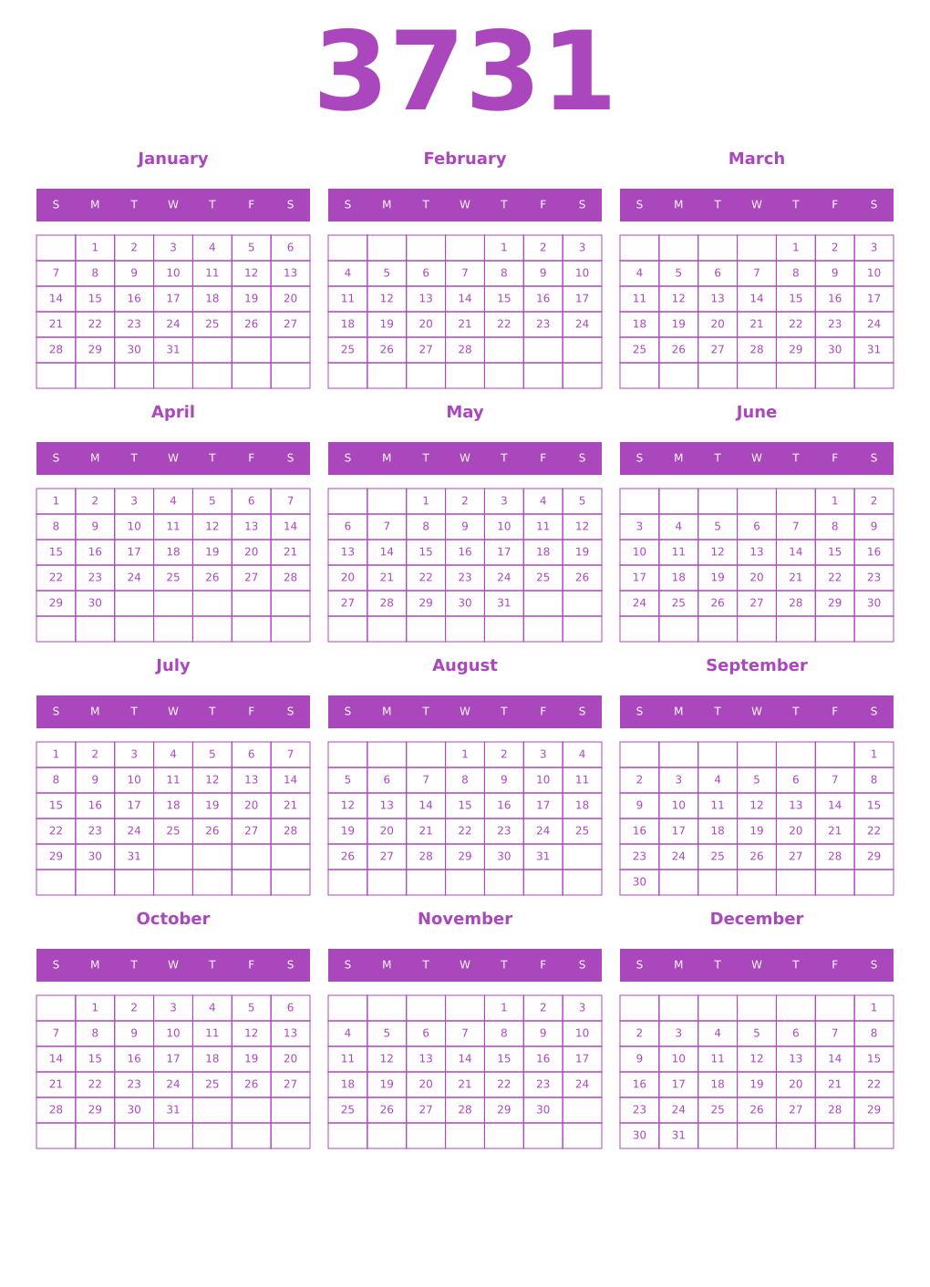 Printable 3731 Year Calendars purple