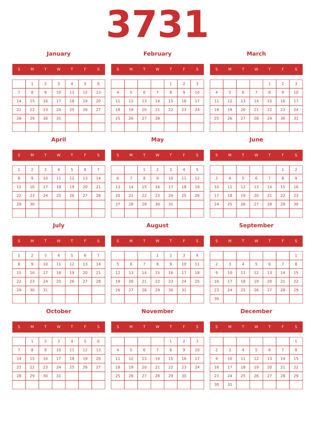 Printable 3731 Year Calendars red