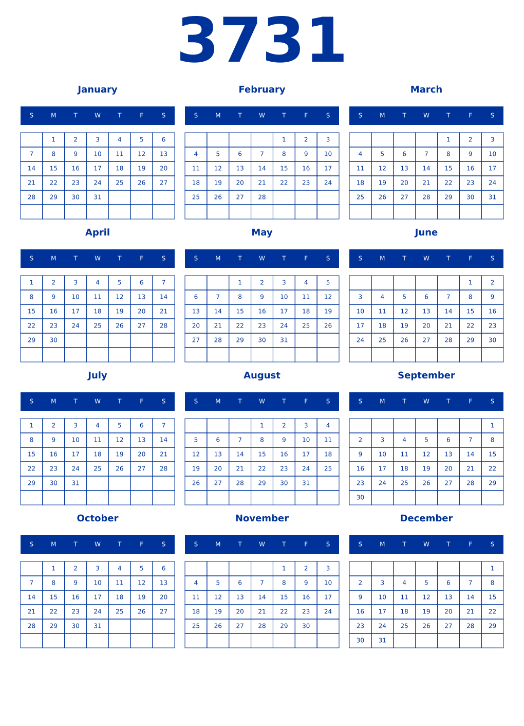 Printable 3731 Year Calendars smalt
