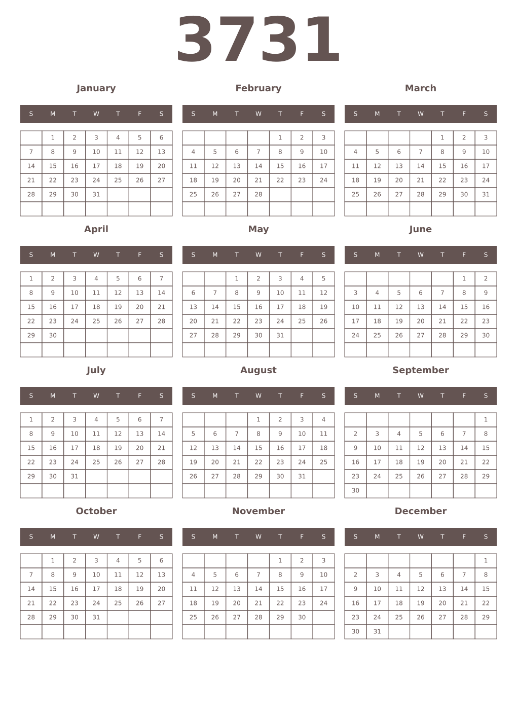 Printable 3731 Year Calendars wenge