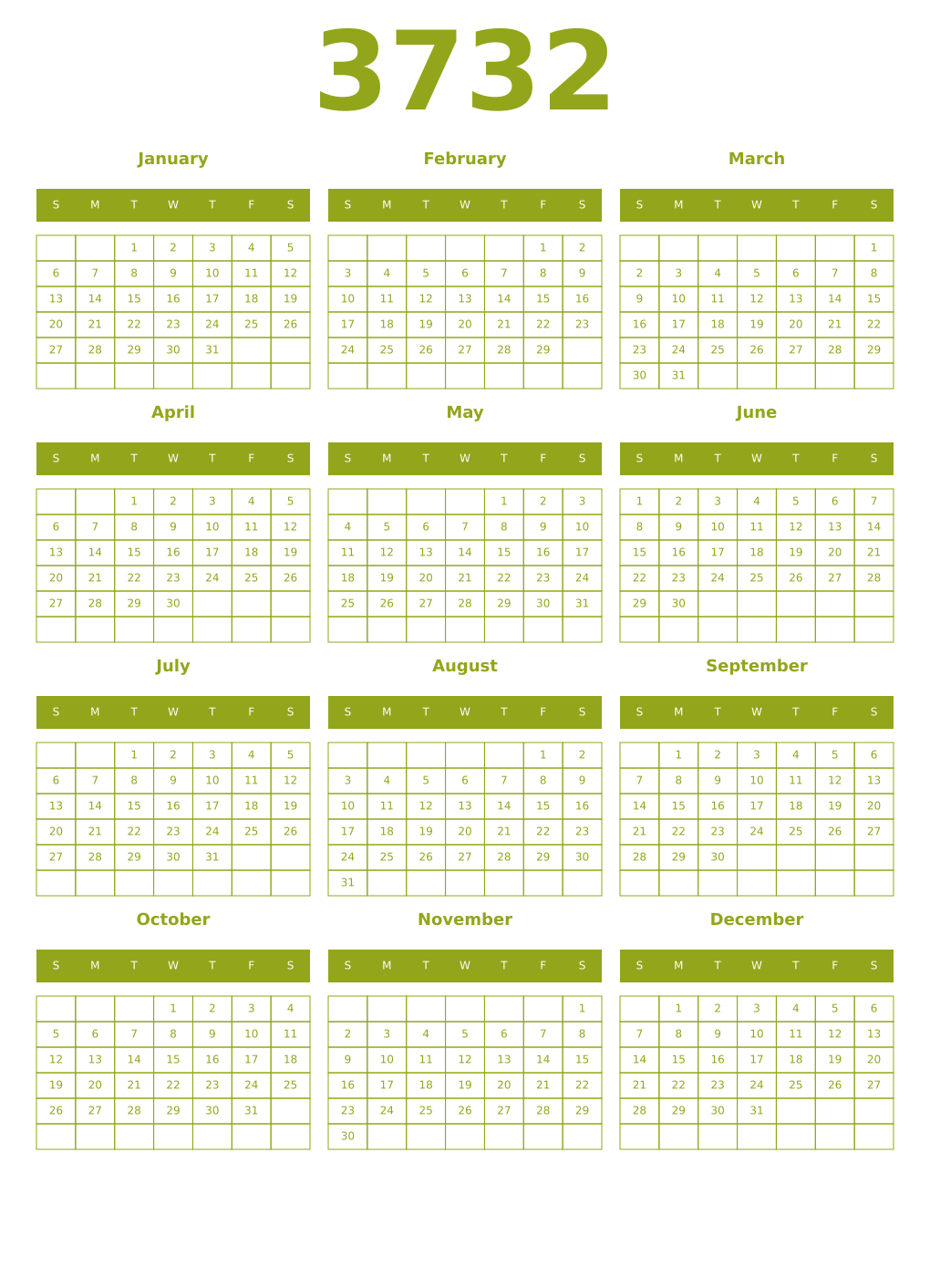 Printable 3732 Year Calendars chartreuse