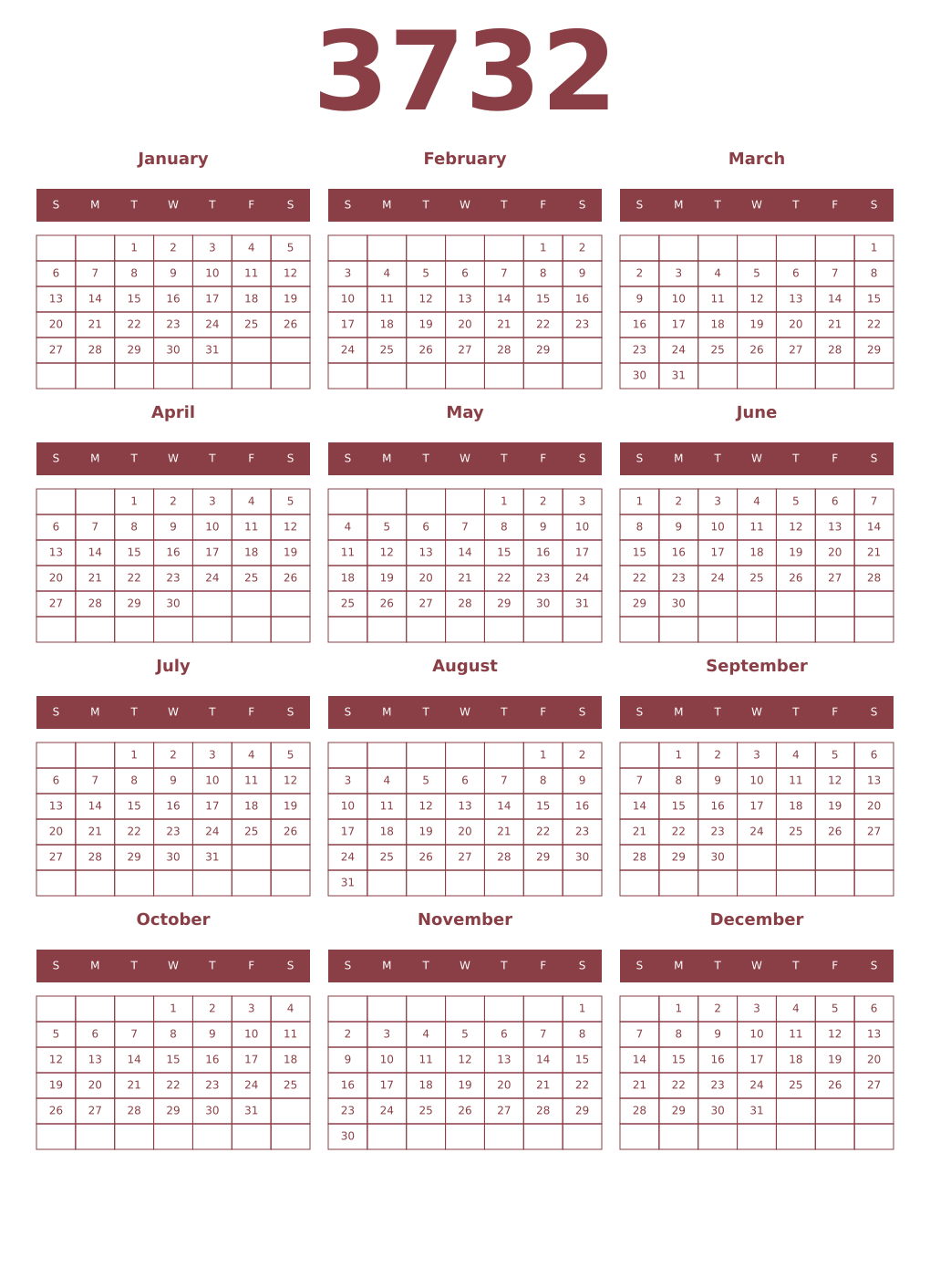 Printable 3732 Year Calendars cordovan