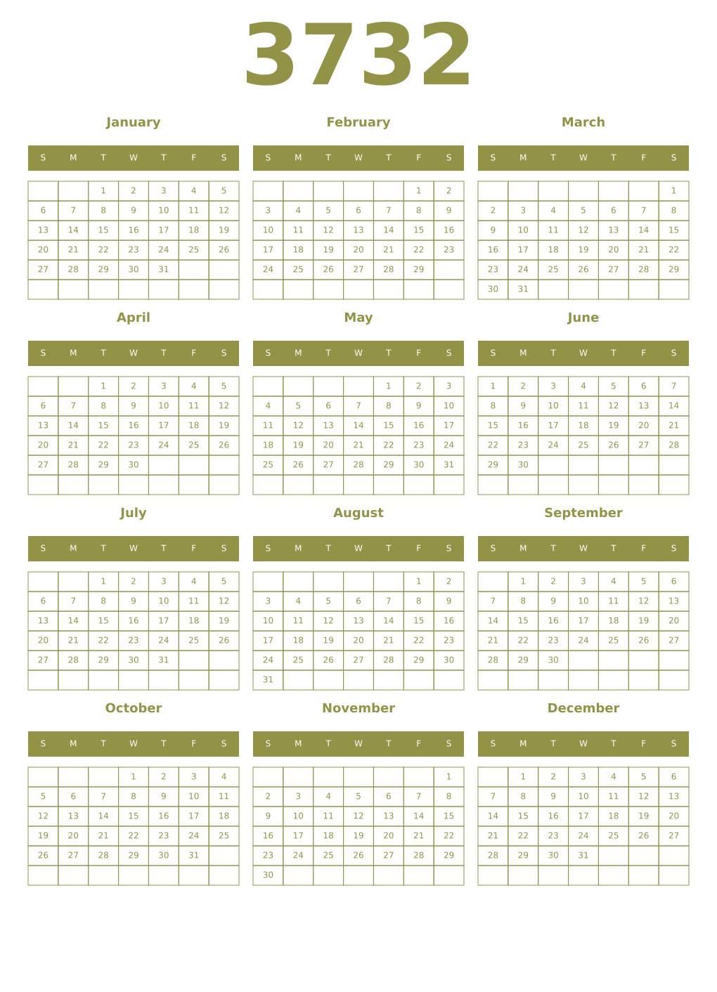 Printable 3732 Year Calendars eburnean