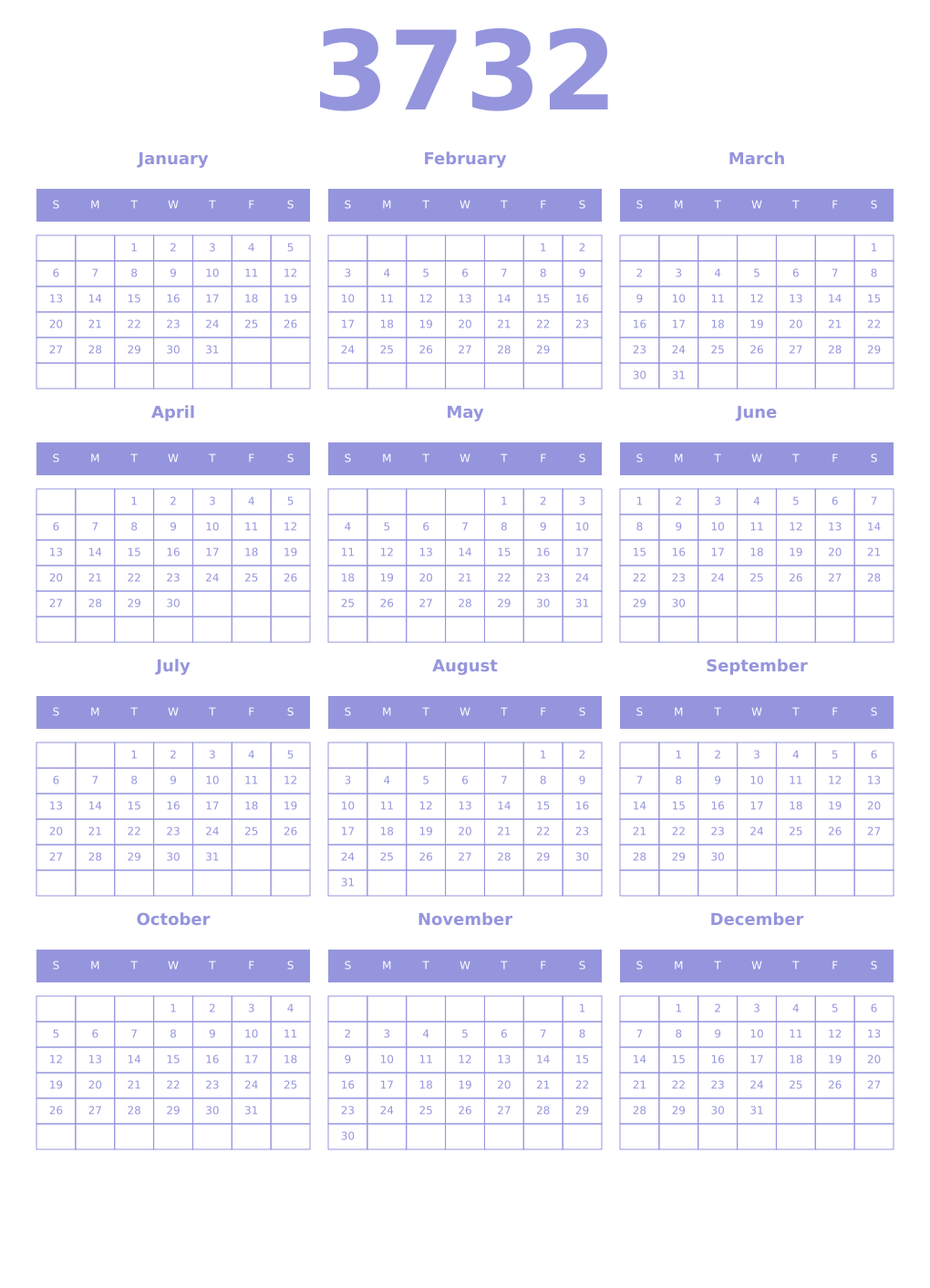 Printable 3732 Year Calendars periwinkle