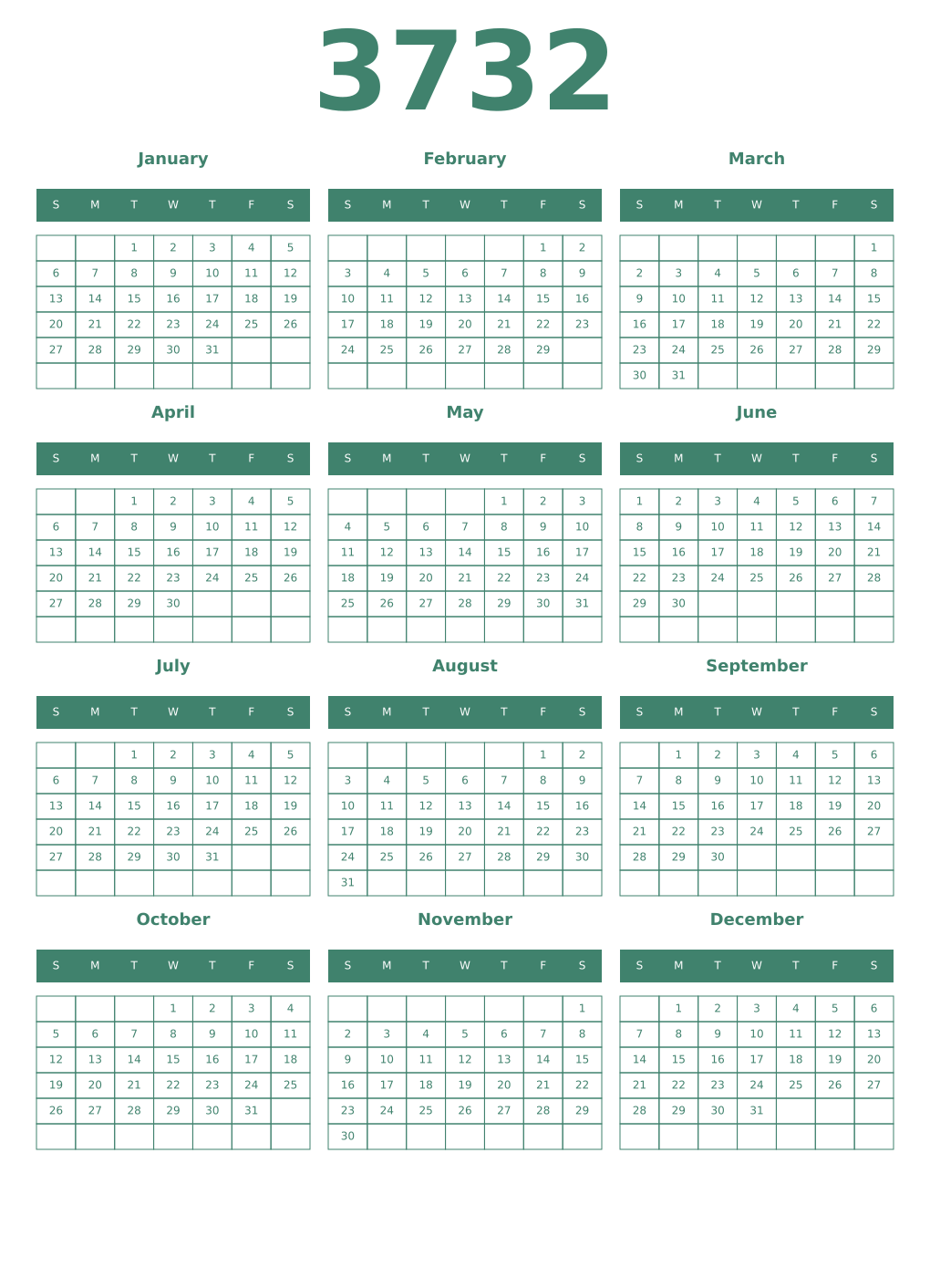 Printable 3732 Year Calendars viridian