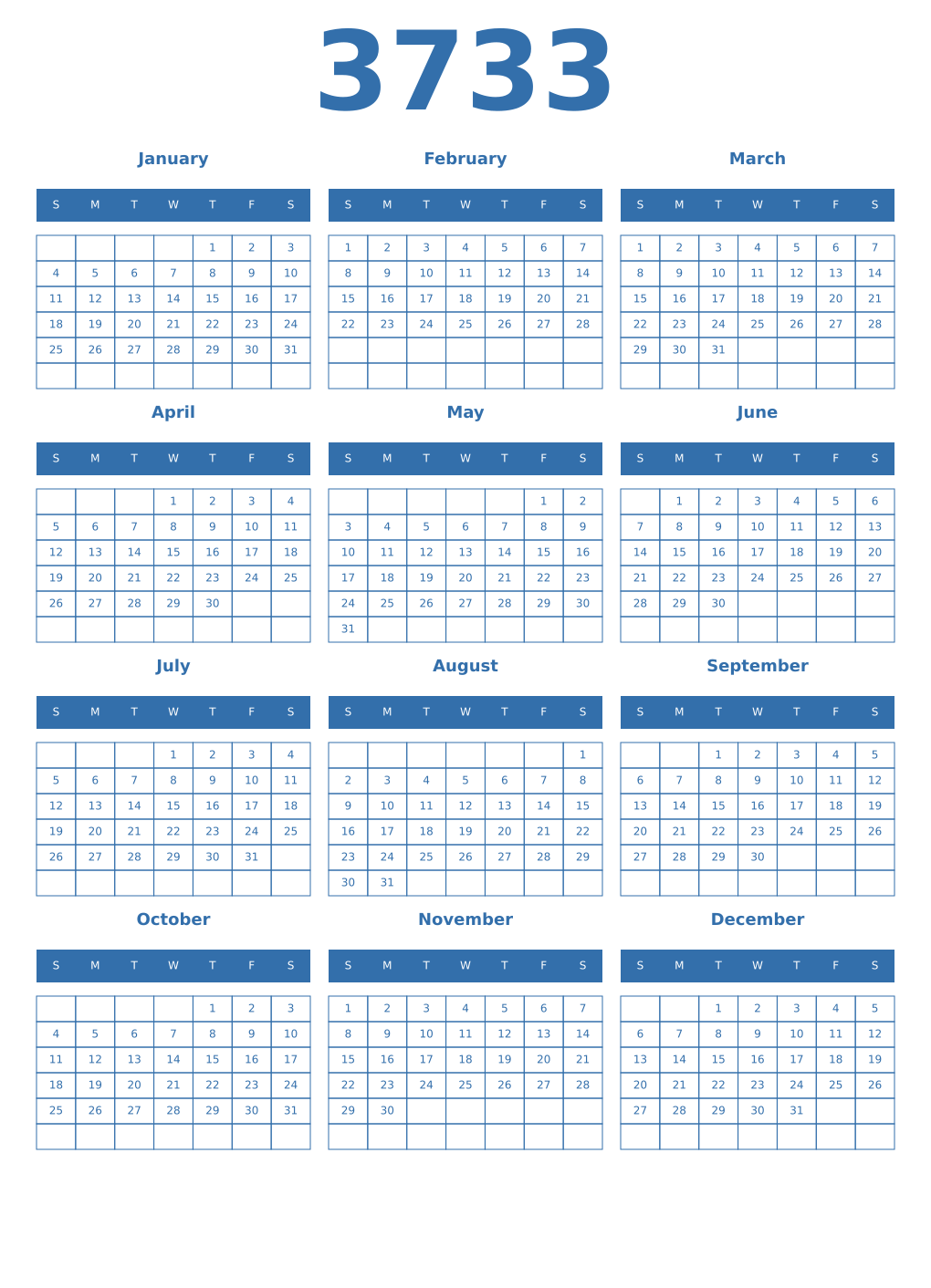 Printable 3733 Year Calendars blue