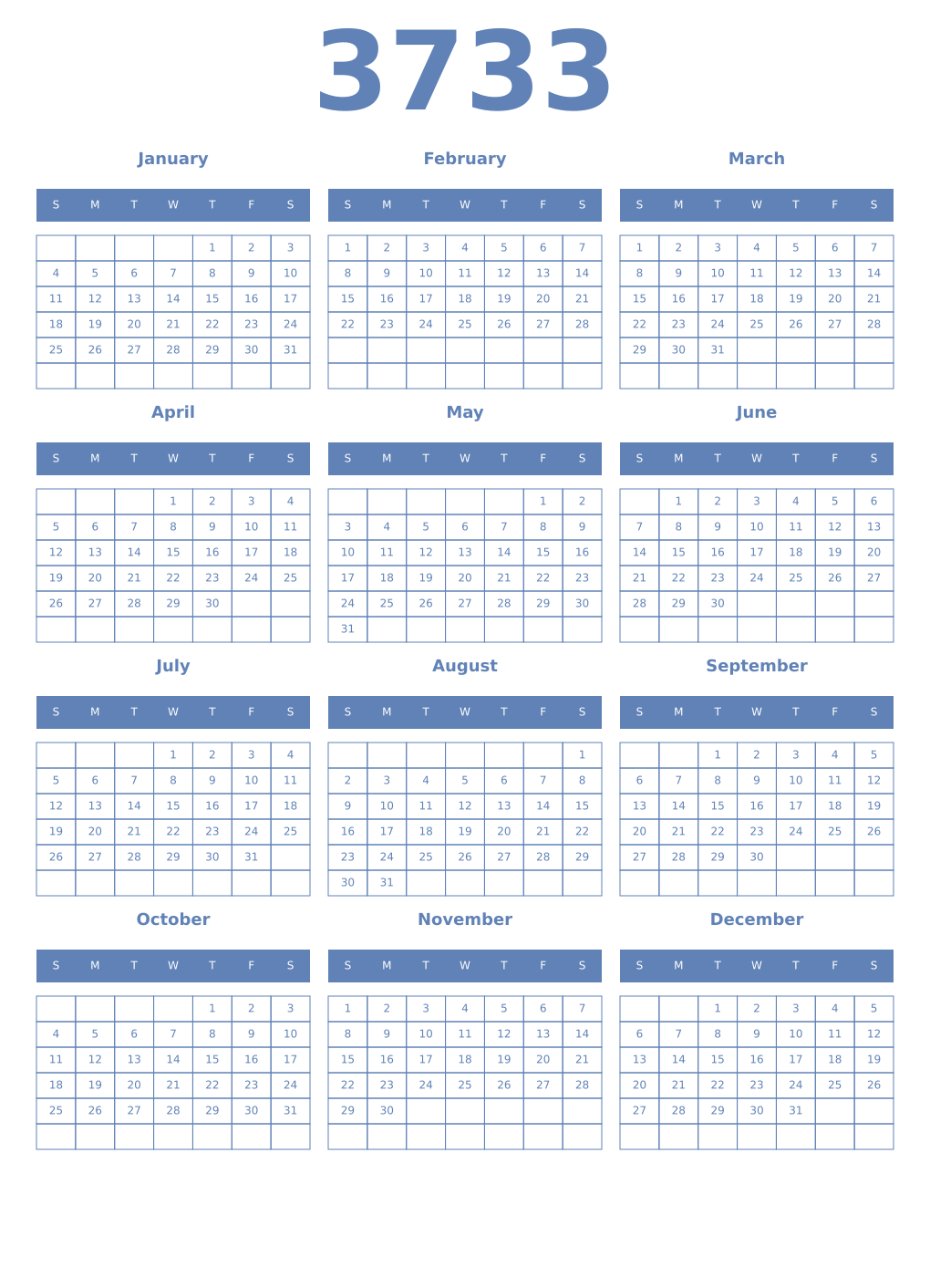 Printable 3733 Year Calendars glaucous