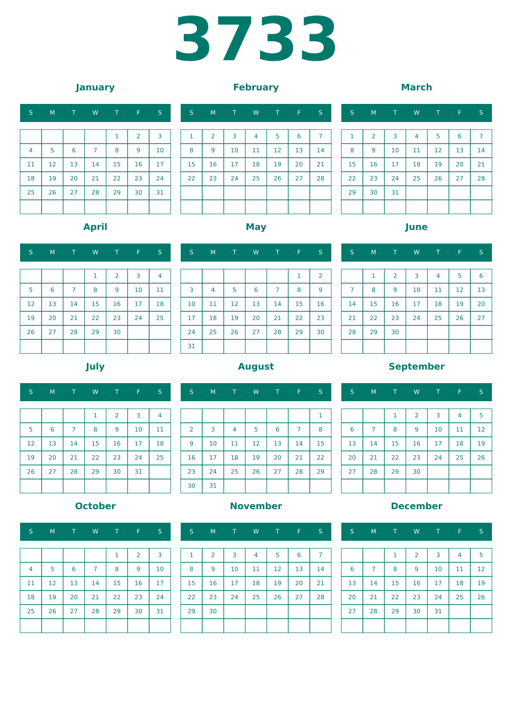 Printable 3733 Year Calendars pastel