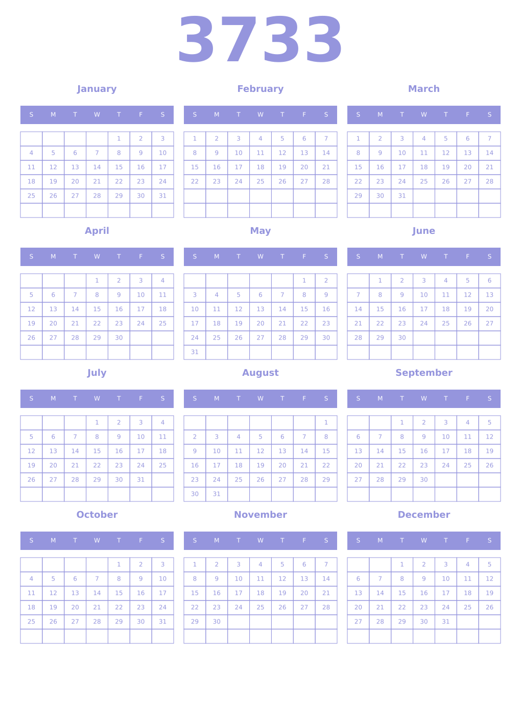 Printable 3733 Year Calendars periwinkle