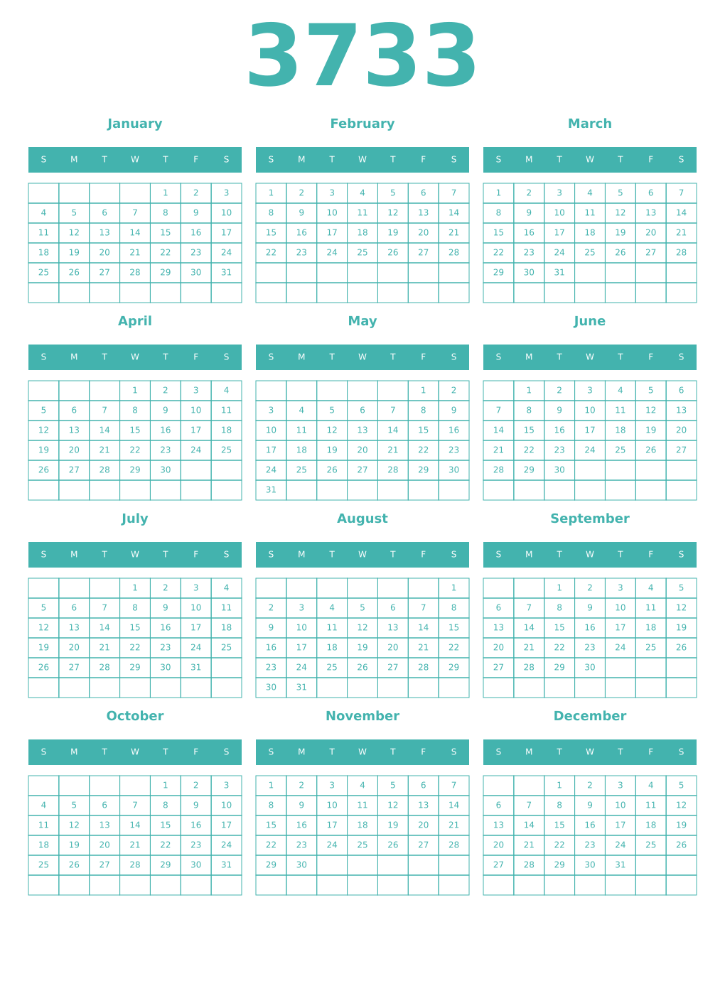 Printable 3733 Year Calendars verdigris