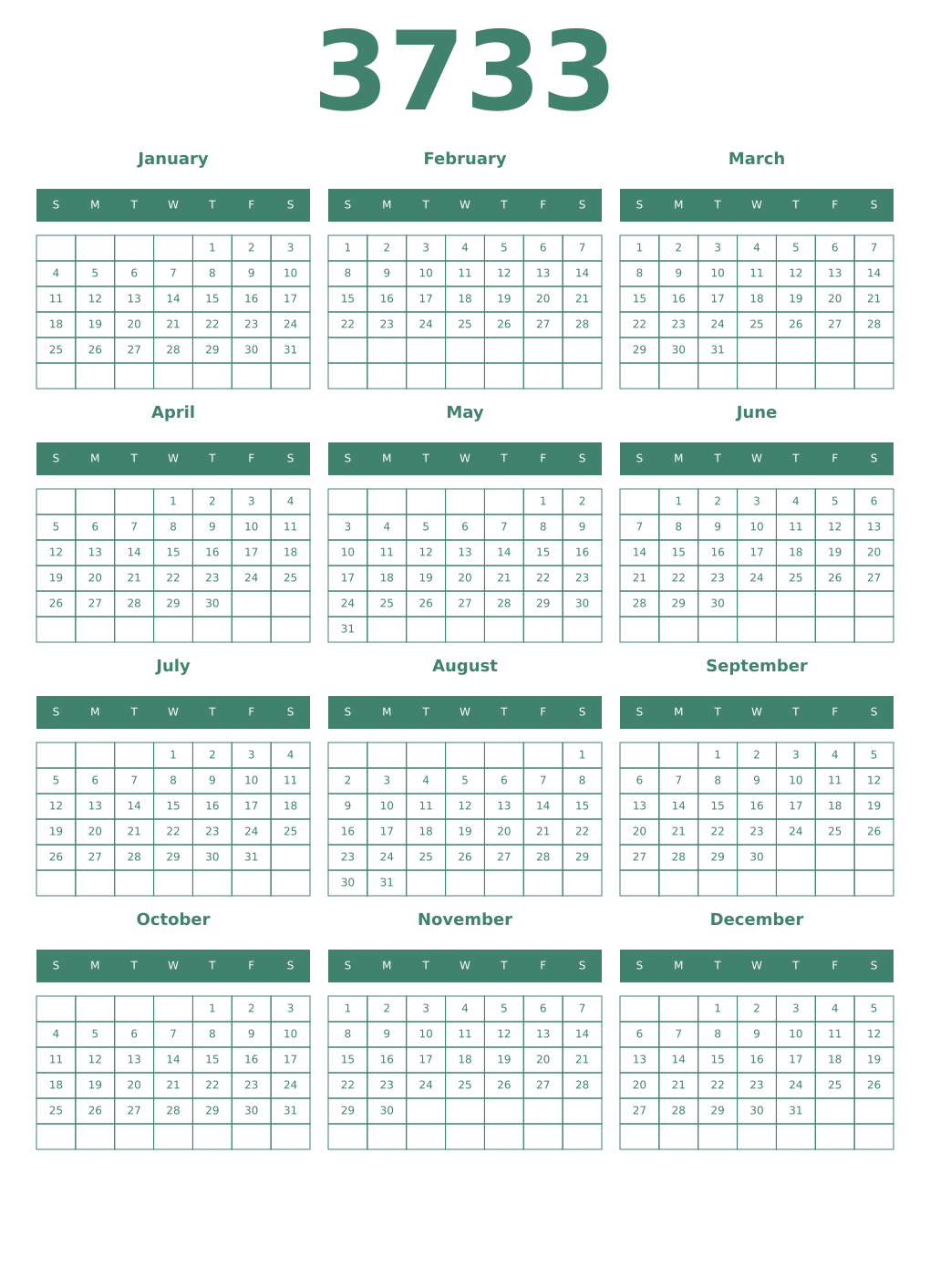 Printable 3733 Year Calendars viridian