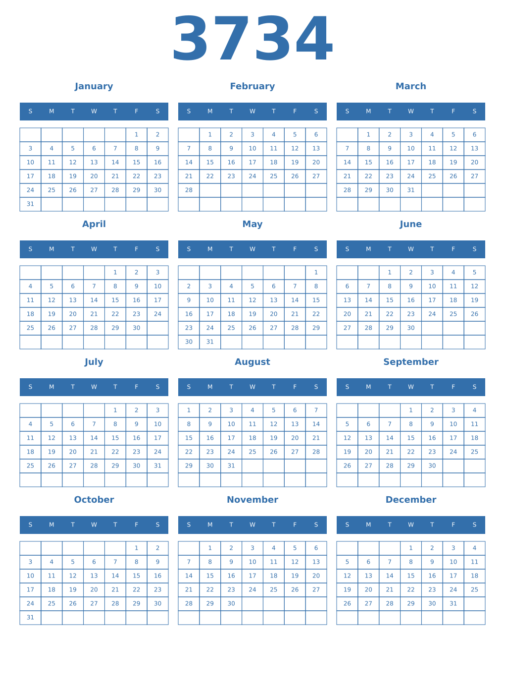 Printable 3734 Year Calendars blue